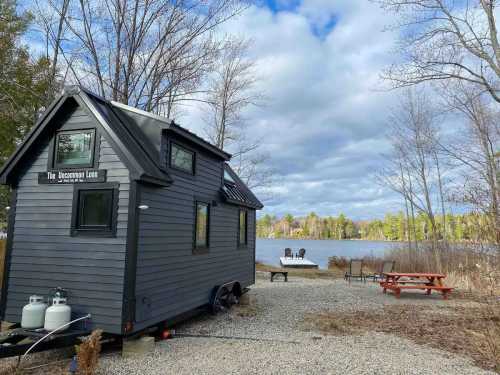 A small gray cabin by a lake, surrounded by trees, with a picnic table and fire pit nearby under a cloudy sky.