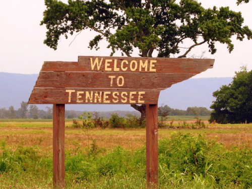 A weathered wooden sign reading "Welcome to Tennessee" stands in a grassy field with trees and mountains in the background.