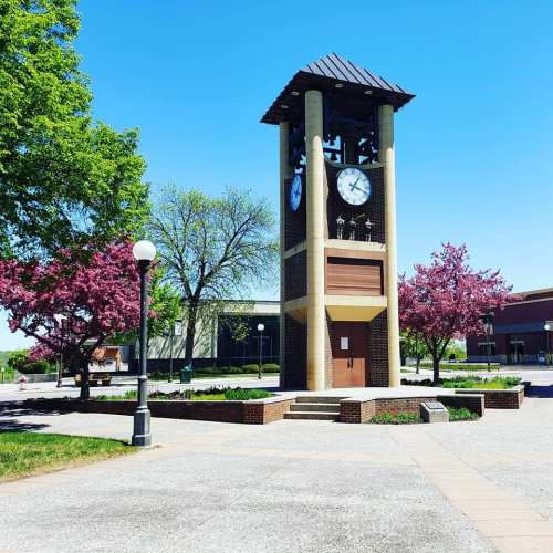 A clock tower surrounded by blooming trees and clear blue skies in a park-like setting.
