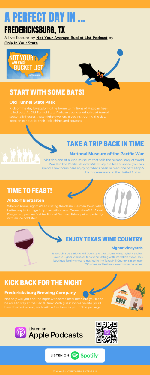 Infographic highlighting a perfect day in Fredericksburg, TX, featuring activities like visiting a museum and enjoying local wine.