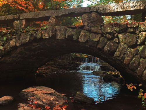 A stone arch bridge over a calm stream, surrounded by autumn foliage and a small waterfall in the background.