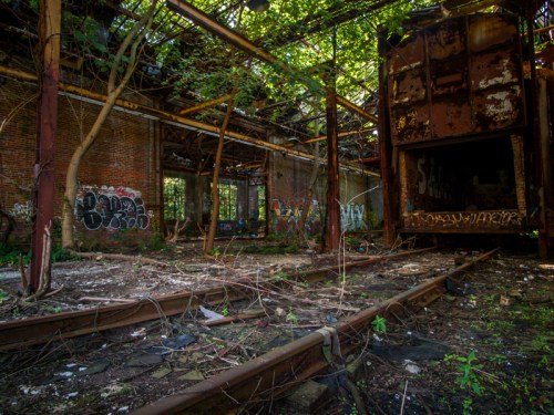 Abandoned industrial space with overgrown vegetation, graffiti on walls, and rusted structures under a broken roof.