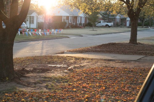 A suburban street at sunset, with colorful flags, trees, and fallen leaves on the ground.