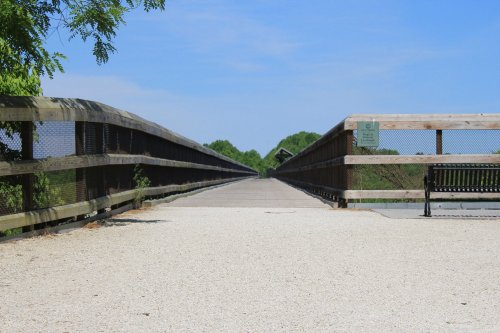 A wooden bridge stretches into the distance, flanked by greenery and a bench on the side under a clear blue sky.