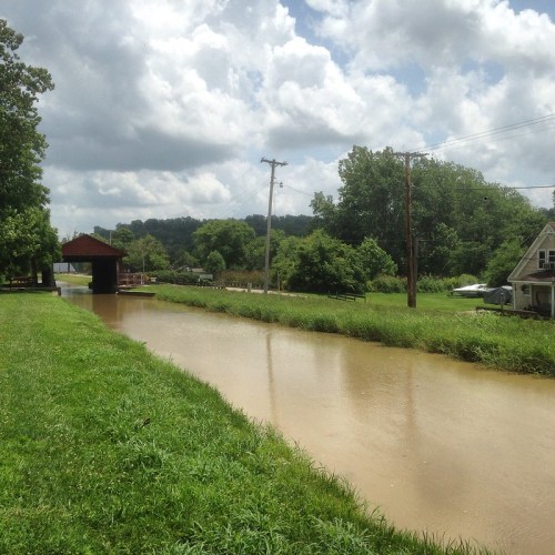 A calm, muddy river flows beside a grassy bank, with trees and a covered bridge in the background under a cloudy sky.
