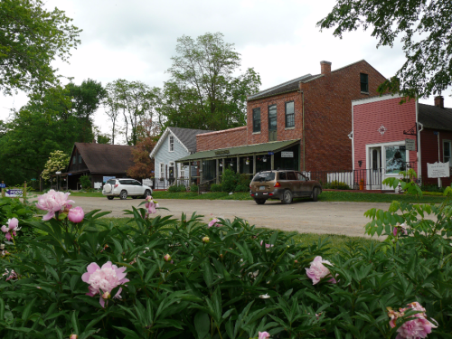 A quaint street scene with historic buildings, parked cars, and blooming flowers in the foreground under a cloudy sky.