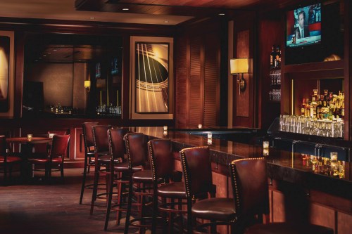 A dimly lit bar with wooden decor, empty stools, and a TV displaying a sports game in the background.
