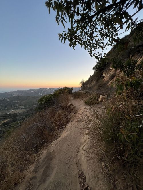 A winding dirt path along a hillside at sunset, surrounded by sparse vegetation and distant city lights.