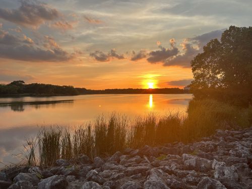 A serene sunset over a calm lake, with vibrant orange hues reflecting on the water and lush greenery along the shore.