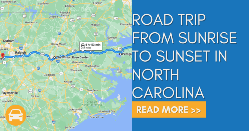 Map showing a road trip route from Raleigh to Sunset in North Carolina, with travel time of 4 hours and 53 minutes.