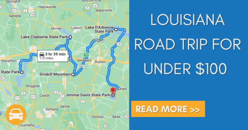 Map showing a Louisiana road trip route, highlighting parks and travel time, with a call to action to read more.
