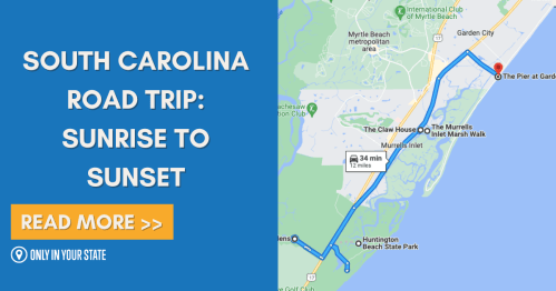 Map of a South Carolina road trip route from sunrise to sunset, highlighting Myrtle Beach and nearby attractions.
