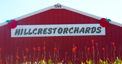 Red barn with the sign "HILLCREST ORCHARDS" and vibrant flowers in front.