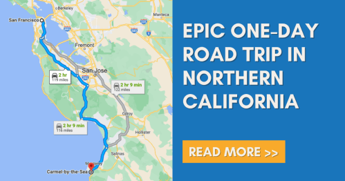 Map showing a road trip route from San Francisco to Carmel-by-the-Sea, highlighting travel times and distances.