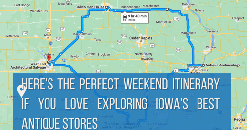 Map showing a weekend itinerary for exploring Iowa's best antique stores, with a route and travel time indicated.