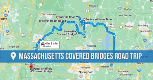 Map showing a road trip route through Massachusetts, highlighting covered bridges with a total distance of 159 miles.