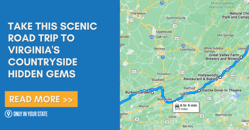 Map highlighting a scenic road trip route to Virginia's countryside, featuring hidden gems and travel details.