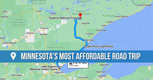 Map showing a route for Minnesota's most affordable road trip from Split Rock Lighthouse to Superior National Forest.