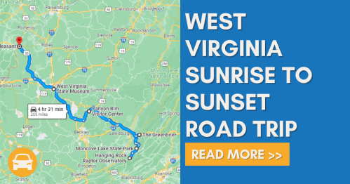 Map showing a road trip route in West Virginia, highlighting sunrise to sunset locations with a car icon.