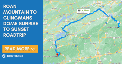 Map showing a road trip route from Roan Mountain to Clingmans Dome, highlighting a scenic journey from sunrise to sunset.