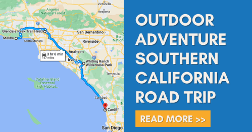 Map showing a road trip route from Glendale Park Trail Head to Cardiff in Southern California, with "Outdoor Adventure" text.