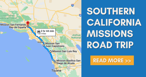 Map showing a road trip route through Southern California missions, highlighting key locations and travel time.