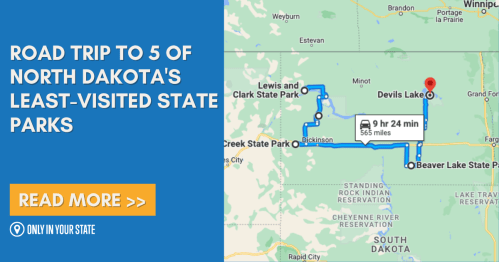 Map showing a road trip route to five of North Dakota's least-visited state parks, totaling 565 miles.