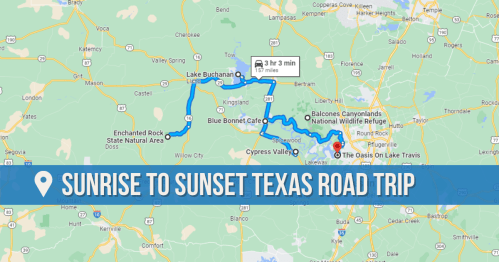 Map of a Texas road trip route from Sunrise to Sunset, highlighting key locations and travel time.