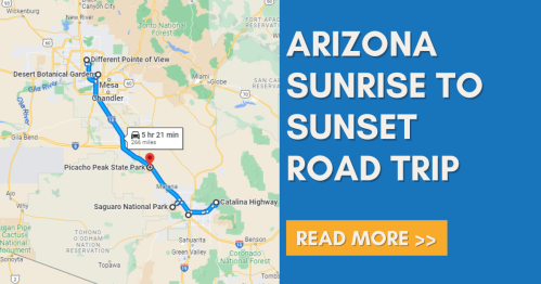 Map showing a road trip route in Arizona from sunrise to sunset, highlighting key locations and travel time.
