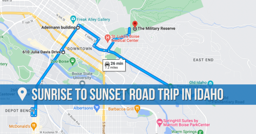 Map showing a road trip route from Depot Bench to The Military Reserve in Idaho, highlighting key locations.