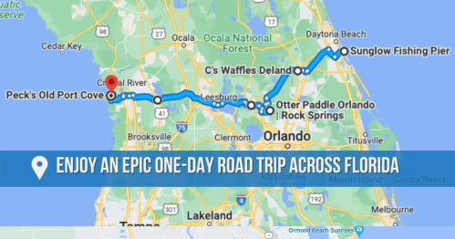 Map highlighting a one-day road trip route across Florida, featuring key stops and destinations.