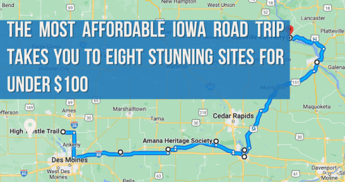 Map highlighting an affordable Iowa road trip to eight sites for under $100, featuring key locations and routes.