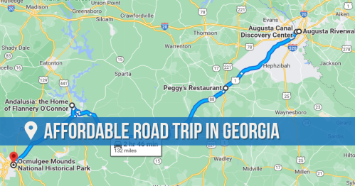 Map highlighting an affordable road trip route in Georgia, featuring key stops and a total distance of 132 miles.