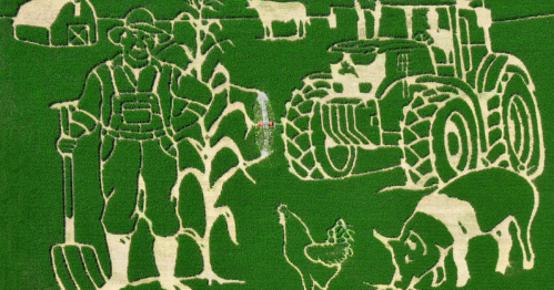 A cornfield design featuring a farmer with a pitchfork, a tractor, a chicken, and a pig.