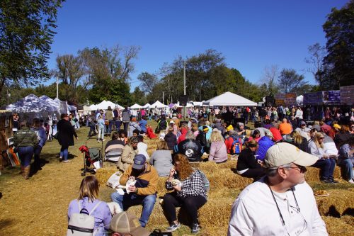 A lively outdoor festival scene with crowds, tents, and people sitting on hay bales under a clear blue sky.