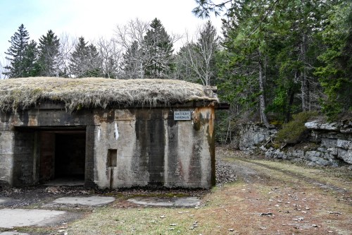 Abandoned concrete bunker with a grassy roof, surrounded by trees and rocky terrain. Sign reads "Battery Marshall."