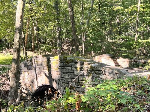 A stone bridge with an arch, surrounded by lush green trees and foliage in a wooded area.