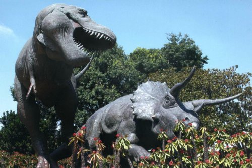 Two large dinosaur sculptures, a T. rex and a Triceratops, surrounded by greenery and colorful flowers.