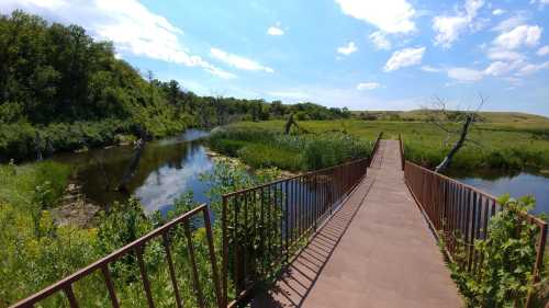 A wooden walkway leads over a serene river, surrounded by lush greenery and blue skies with scattered clouds.