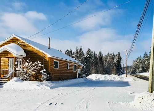 A cozy log cabin covered in snow, surrounded by trees and a clear blue sky, with a road nearby.