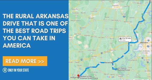 Map highlighting a scenic road trip in rural Arkansas, with text promoting it as one of America's best drives.