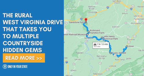 Map highlighting a scenic drive in rural West Virginia, showcasing hidden countryside attractions.