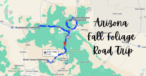 Map of an Arizona road trip route highlighting fall foliage, featuring key locations and a total distance of 205 miles.