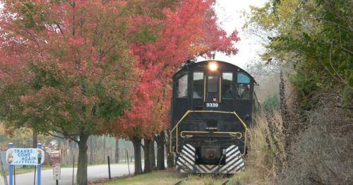 A black train passes by vibrant autumn trees with red and orange leaves along a rural track.
