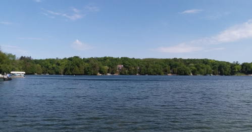 A serene lake surrounded by lush green trees under a clear blue sky, with a few boats visible on the water.