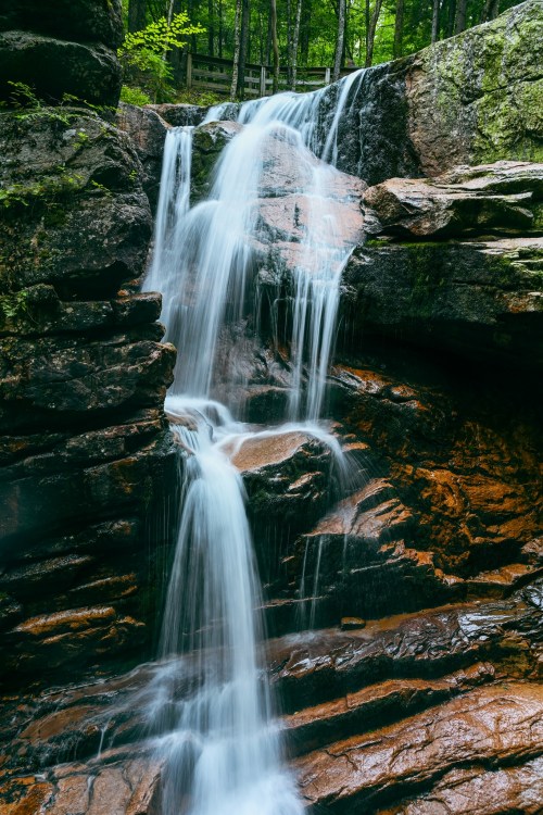 A serene waterfall cascading over rocky cliffs, surrounded by lush green trees in a tranquil forest setting.