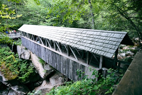A wooden covered bridge spans a rocky area, surrounded by lush green trees and foliage.