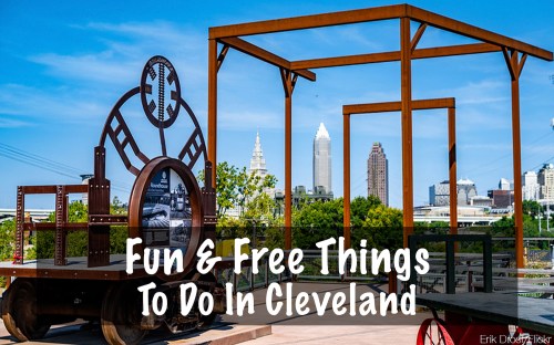 A scenic view of Cleveland's skyline with a decorative structure and text promoting fun, free activities in the city.