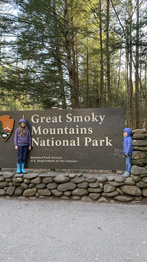 Two children stand beside the Great Smoky Mountains National Park sign, surrounded by trees and stone.