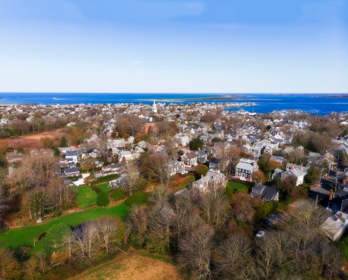 Aerial view of a coastal town with houses, trees, and a blue ocean in the background under a clear sky.